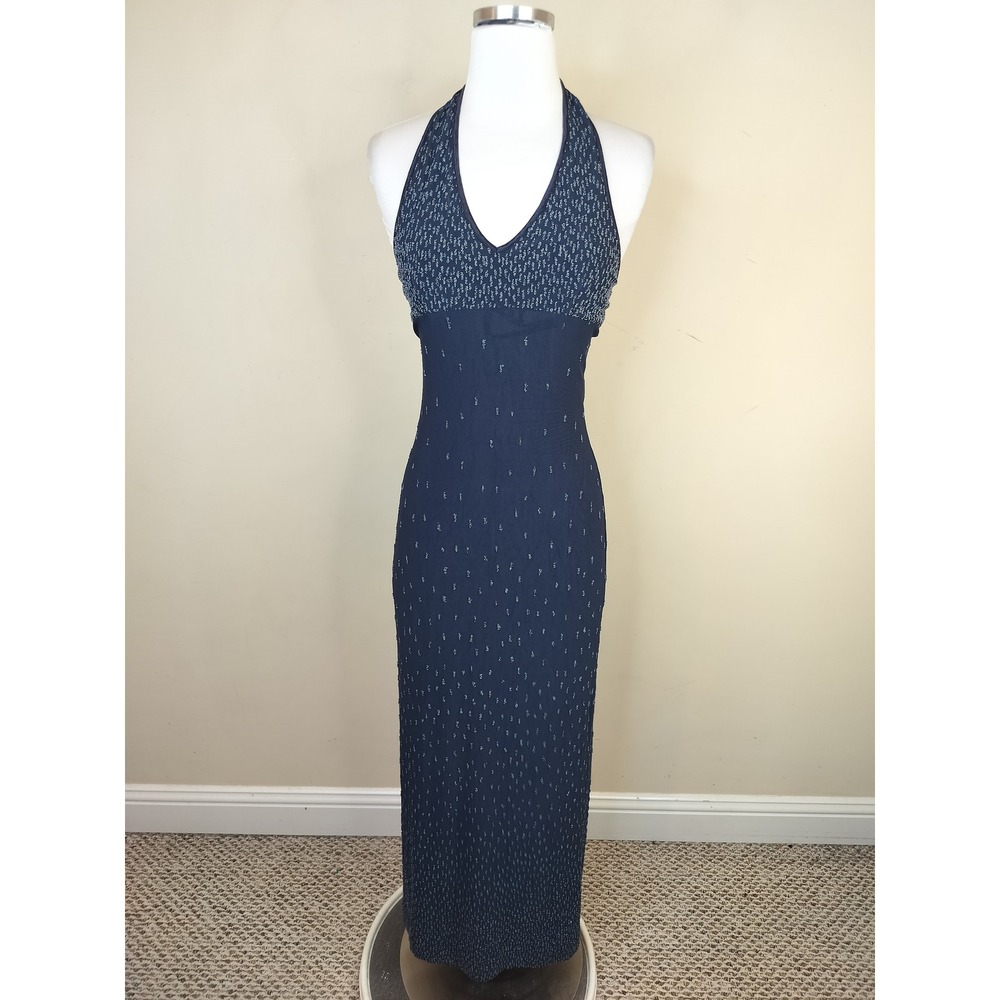 Cache Vtg Beaded Halter Maxi Dress XS Womens Y2K Formal Elegant Navy Blue